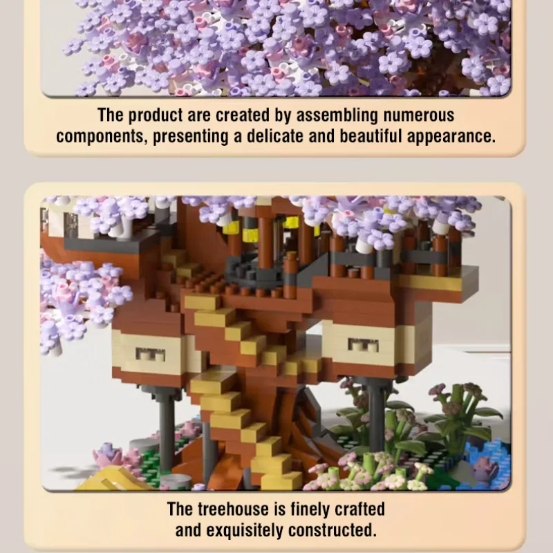 Mini árbol, casa de flores, modelo de bloques de construcción, flor de melocotón, montaje artesanal, ciudad, vista de calle, ladrillos, juguetes para niños, regalos de navidad para niñas
