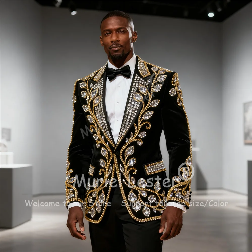 Exclusive Diamond Stones Suits Men 2 Pieces Sets Beaded Velvet Prom Blazers Customized Groom Wedding Tuxedos Trajes Para Hombre