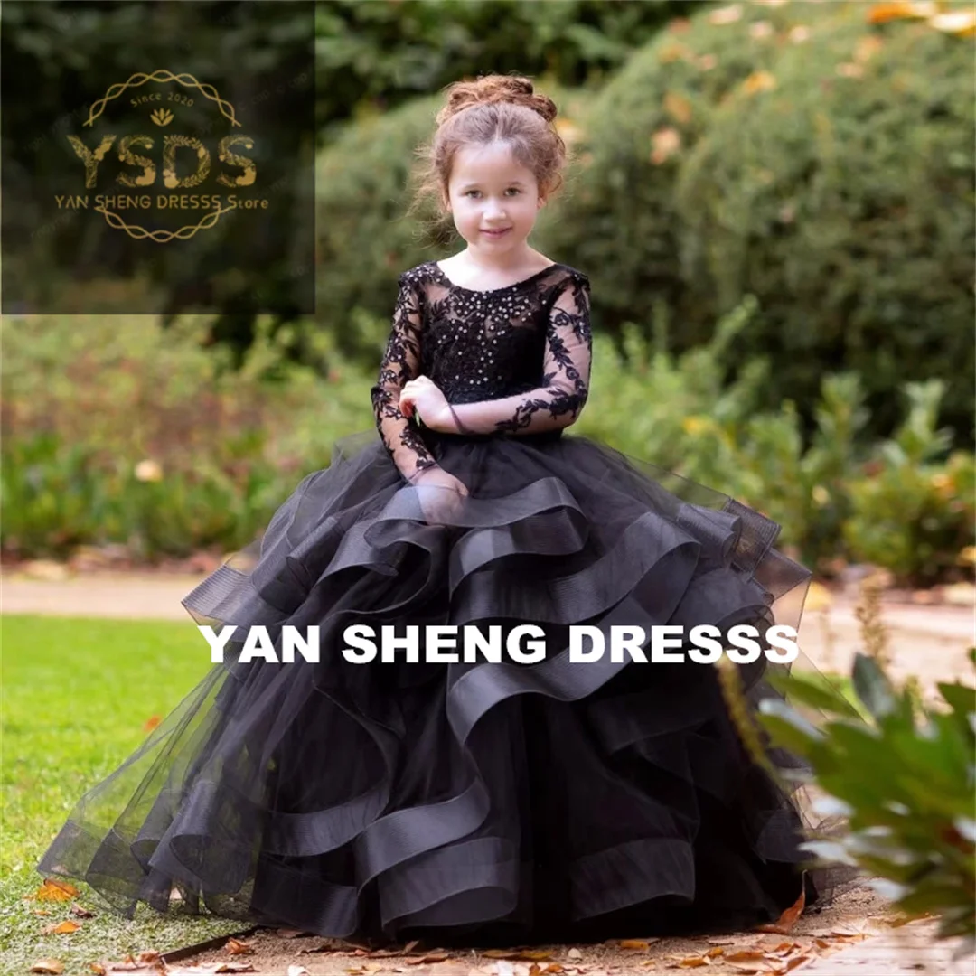 

Customized Flower Girl Dresses White Tulle Puffy Tiered Appliques Sequin Long Sleeve For Wedding Birthday First Communion Gowns