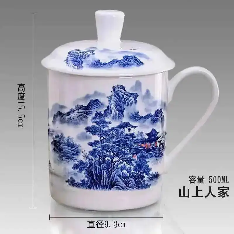 

500ml Chinese Style Bone China Jingdezhen Blue and White Porcelain Tea Cup Office Drink Cup Travel Teaware