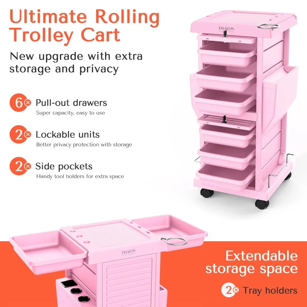 Ultimate Rolling Cart for Salon Stations - Space Saving, Lockable 6 Tray Salon Trolley with 2 Tray Holders - Pink Freight free