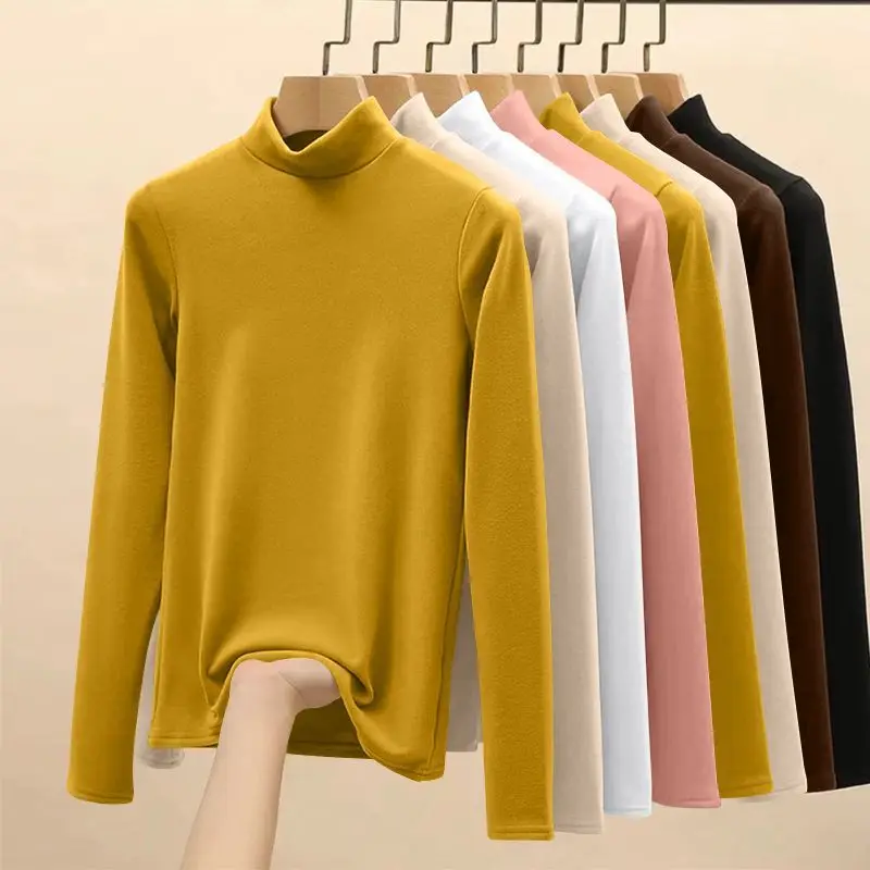 1pc Slight Fleece Sweatshirt Long-sleeved T-shirt Lady Winter Heated Half High Collar Top Women  Winter Thermal Underwear