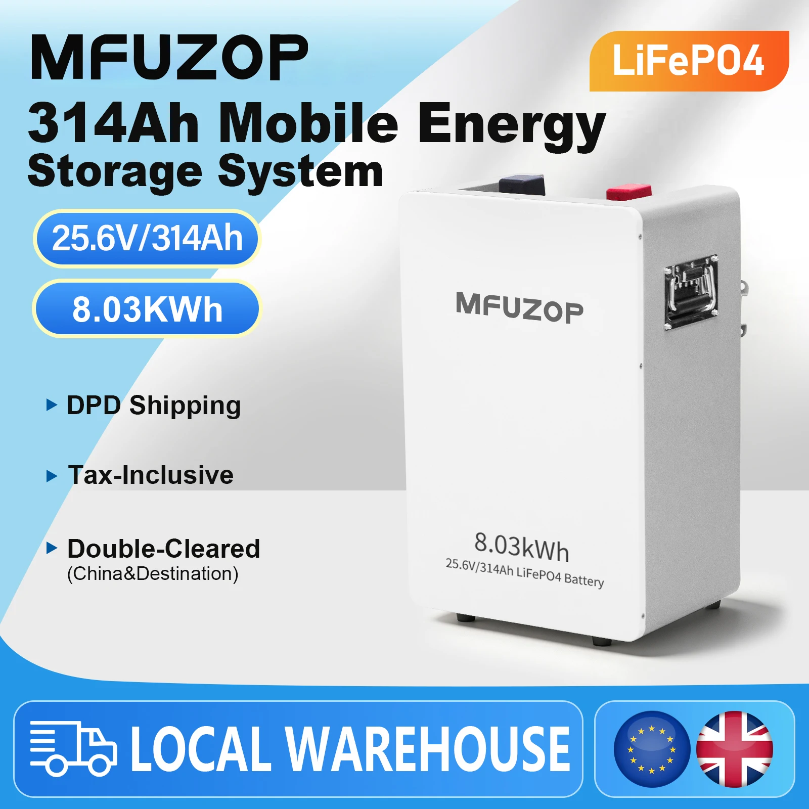 MFUZOP 24V 314Ah LiFePO4 Battery 8.03 kWh RS485 CAN Support Grade A