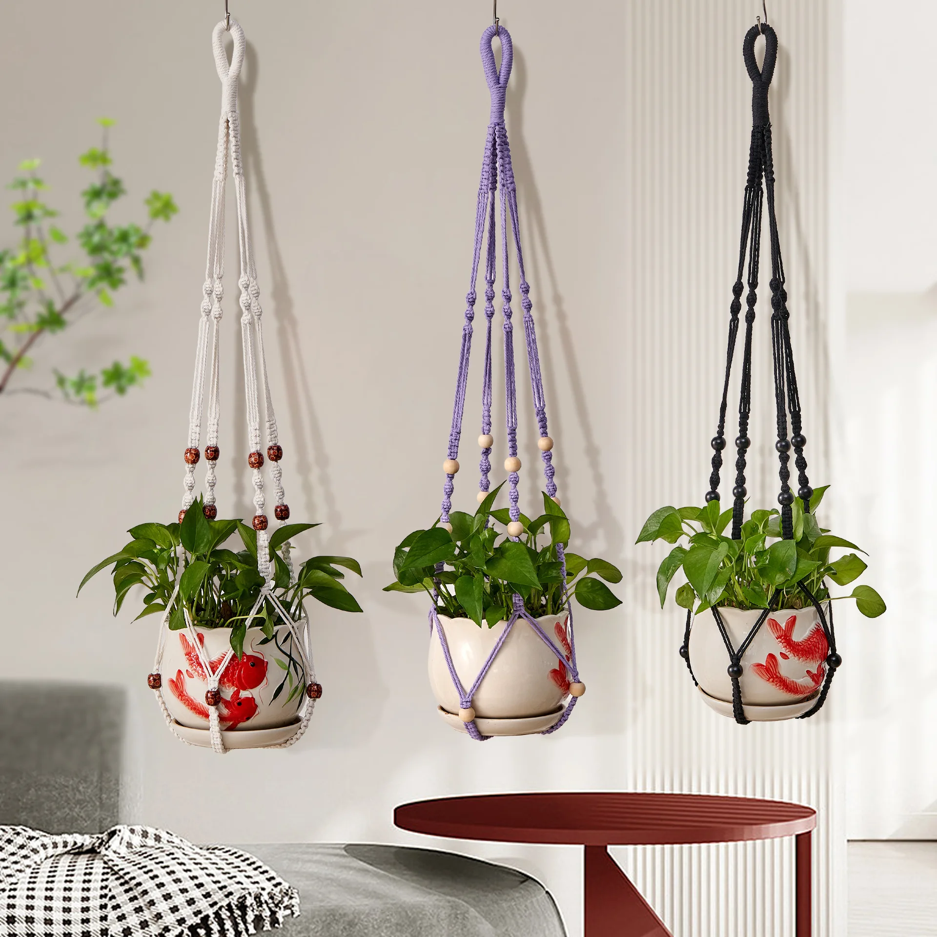 Hanging Plants Hand-Woven Jacquard Hanging Basket Planter Balcony Hanging Planter Home Garden Decorations Plant Tray