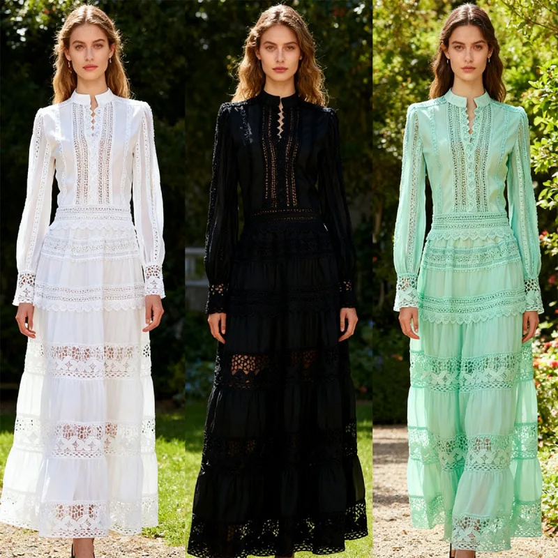 تنورة Engli Sle Ogees قابلة للذوبان من الدانتيل بتصميم مجوف وخصر مرن وتنورة كبيرة تنورة أوروبية مجوفة طويلة Sve