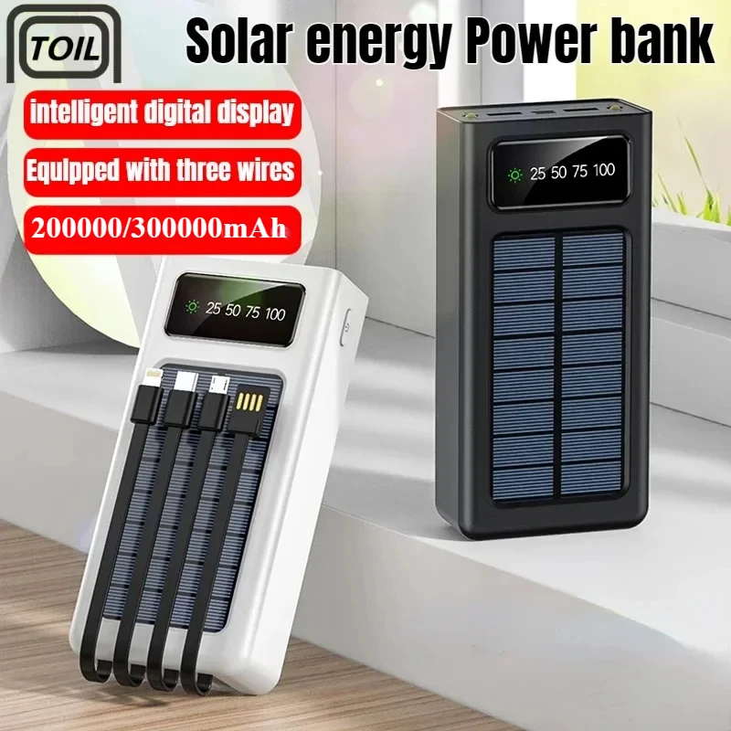 New 300000mah Solar Power Bank 4 Cables Built-in Solar Charging Port External Charger Suitable for Iphone mobile phones