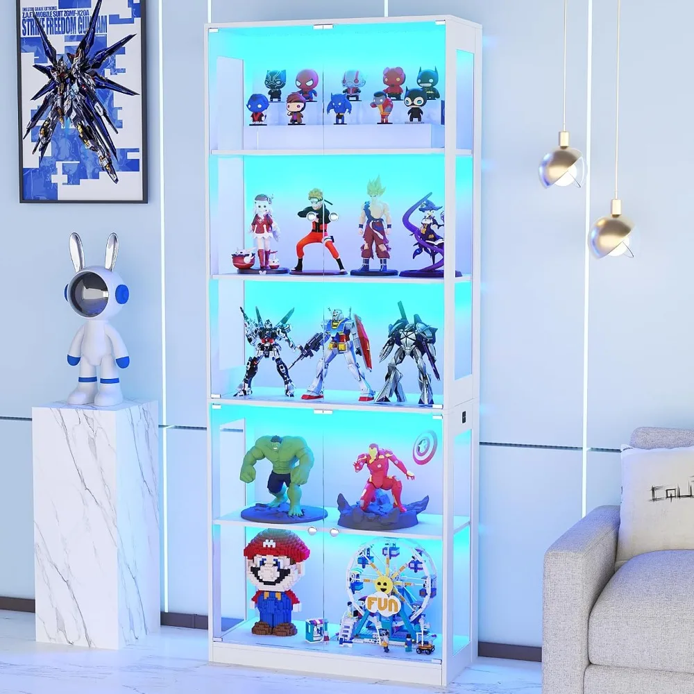 80'' Display Cabinet with Glass Door, 5-Tier Curio Cabinet for Collectibles Trophy, Glass Display Case with Human, Customized