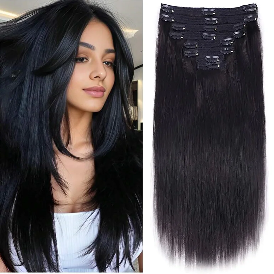 120G/8 Pieces Clip In Hair Extensions Human Hair Brazilian Straight Clip In Natural Black Color Clip Ins Remy Hair 22 24 26 Inch