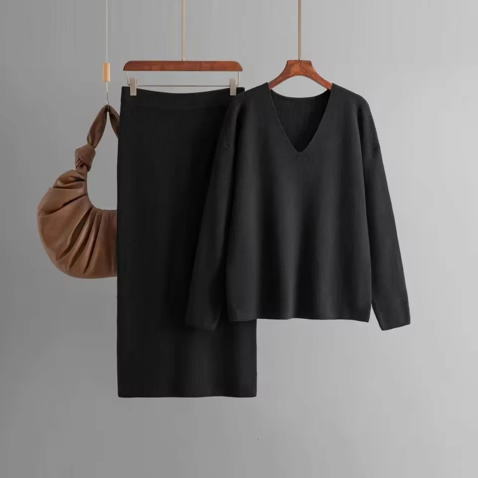 

Autumn Winter Fashion Women's Solid Color Casual Trendy Loose Simple Basic Knitted 2 Pieces Sets V-neck Sweater Pullover Skirts