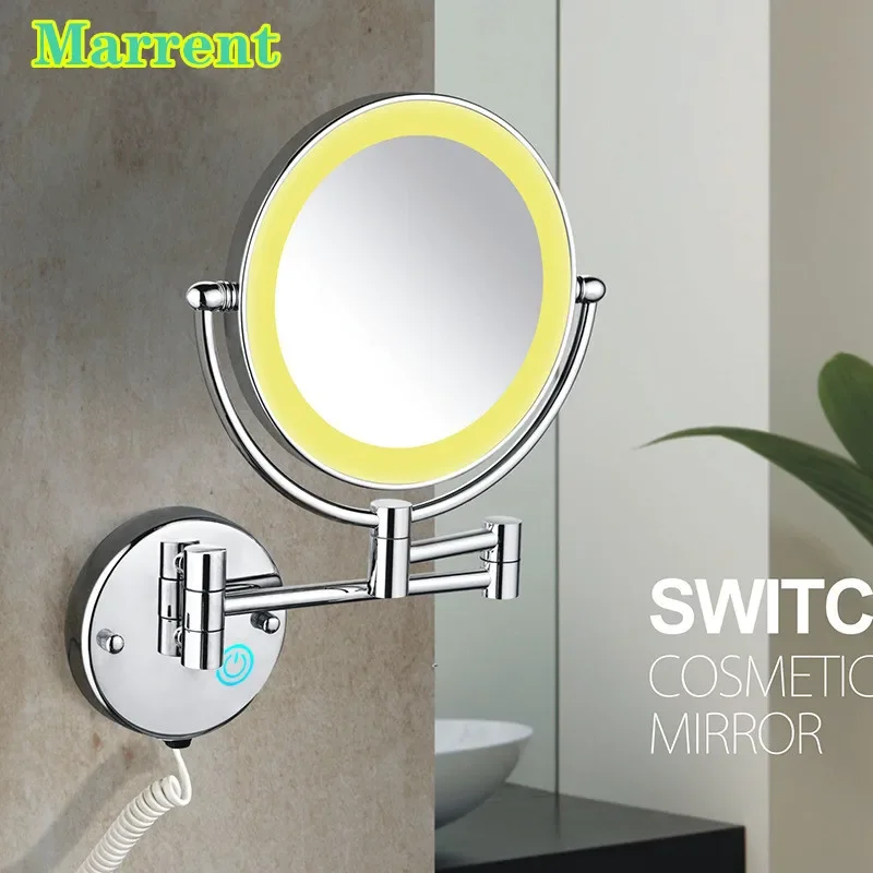 New Arrival 8 Inches Round Copper Bathroom Mirror with LED Light 5X Maginfying Dual Size Extending Bathroom Makeup Mirror