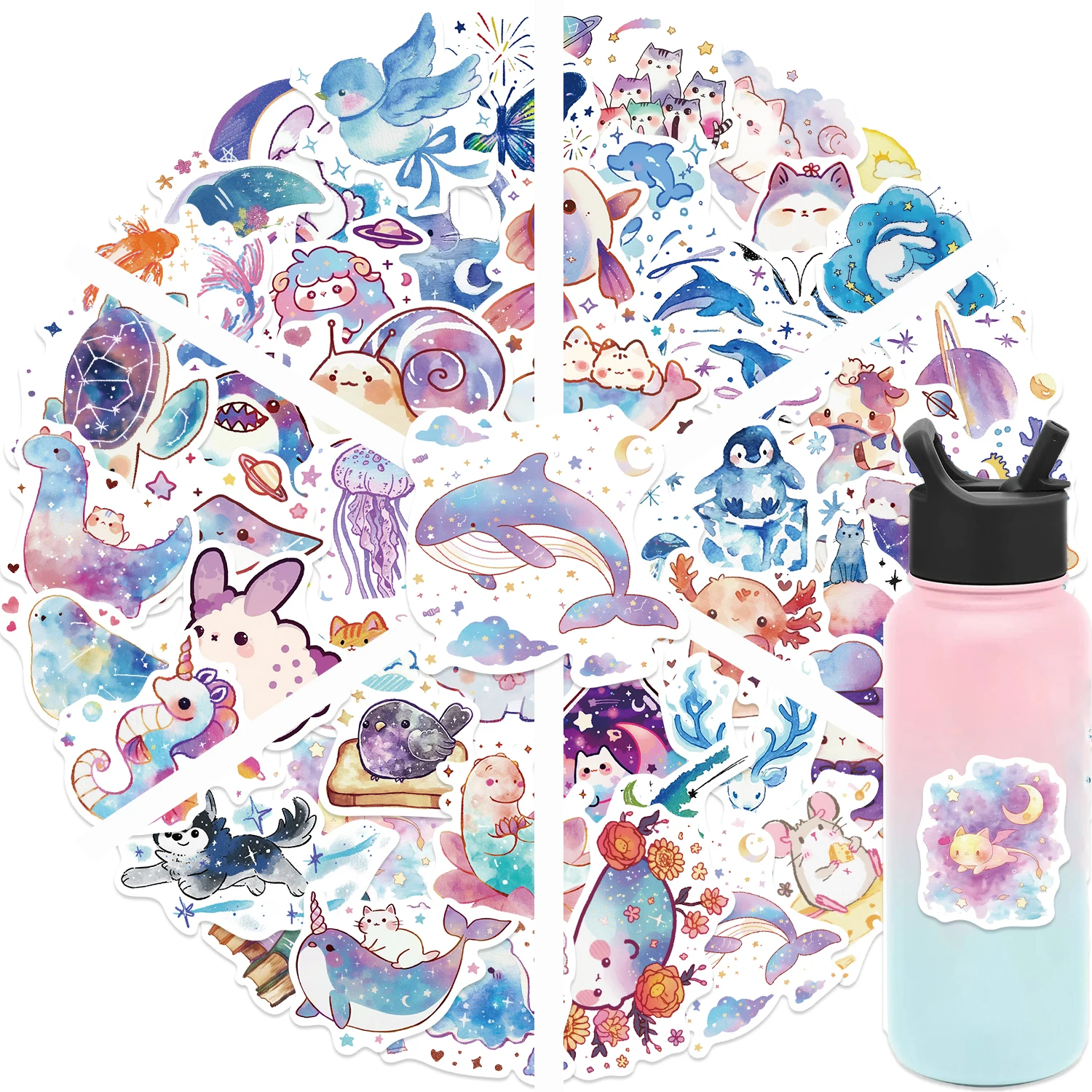53pcs Starry Sky Watercolor Small Creatures Stickers Vibrant Waterproof PVC Decals for Phone Cases Laptops Water Bottles
