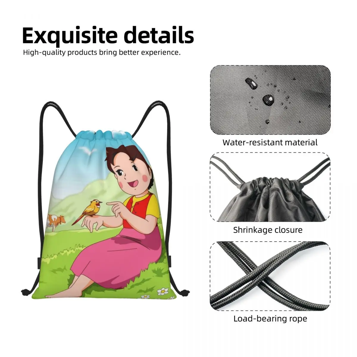 Alps Mountain Girl Happy Heidi bolso con cordón hombres mujeres portátil deportes gimnasio mochila compras almacenamiento mochilas