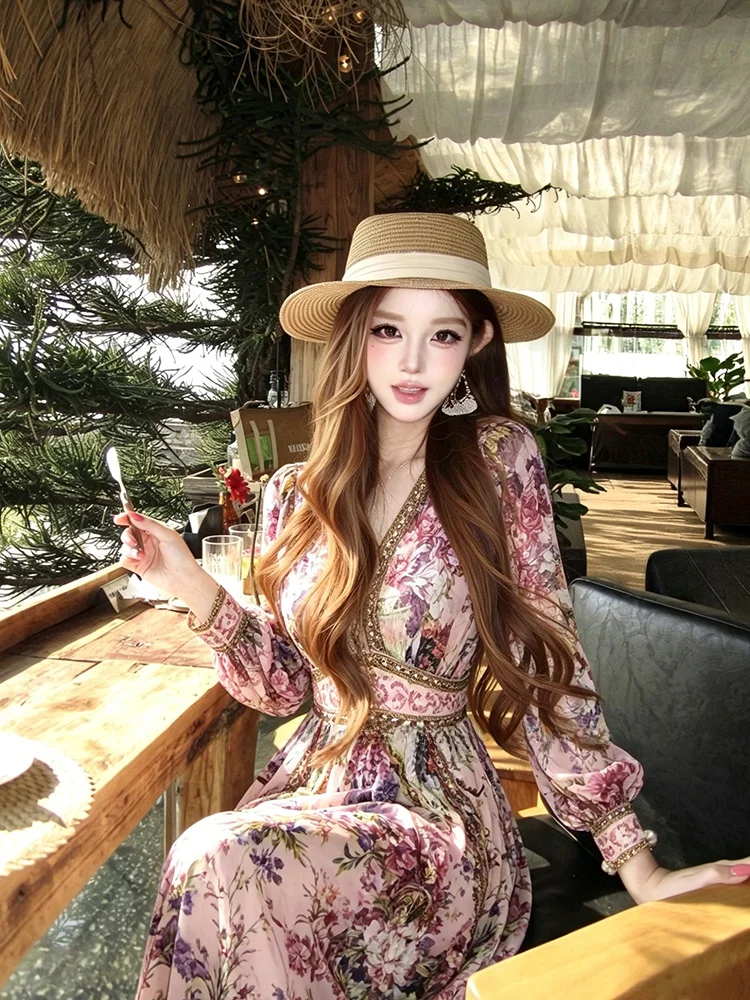 

Vacation Style Floral Print Maxi Dress Women's Elegant Heavy Embroidery V-Neck Waist Cinched Full Skirt Long Dress
