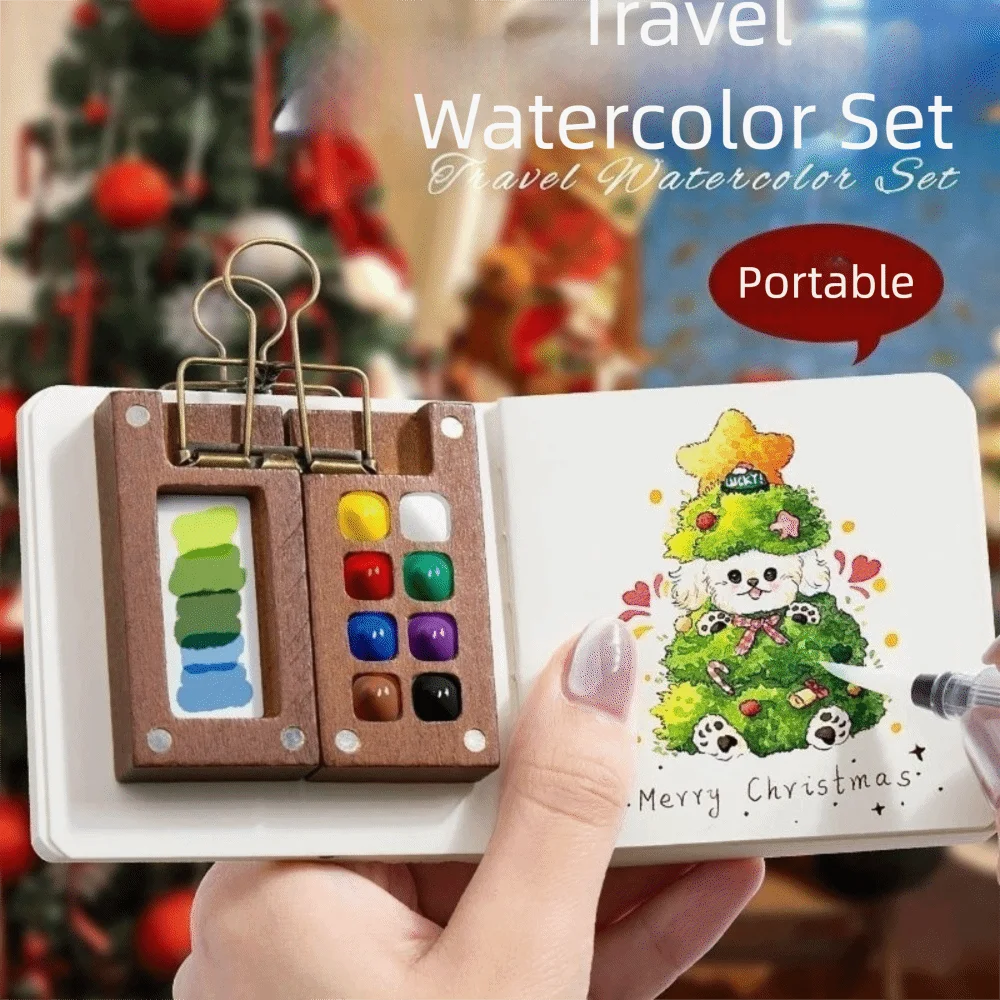 New 8 Grids Pocket Palette Walnut 15 Grids Mini Watercolor Set Mini Size Wooden Wooden Watercolor Set Beginners