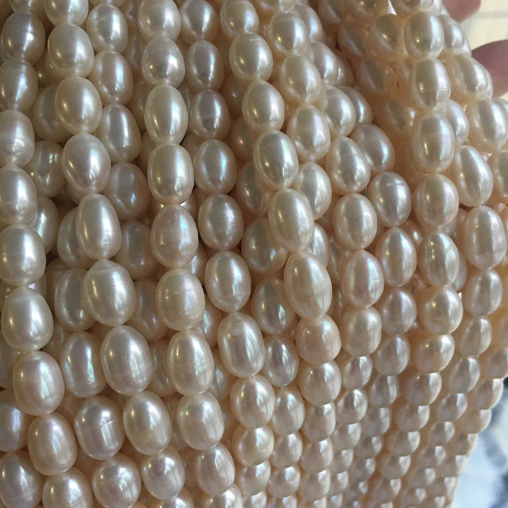 38 cm Good luster pearl beads ,100% nature freshwater pearl material with oval shape,rice pearl diameter 7.3-8.3 mm AA grade