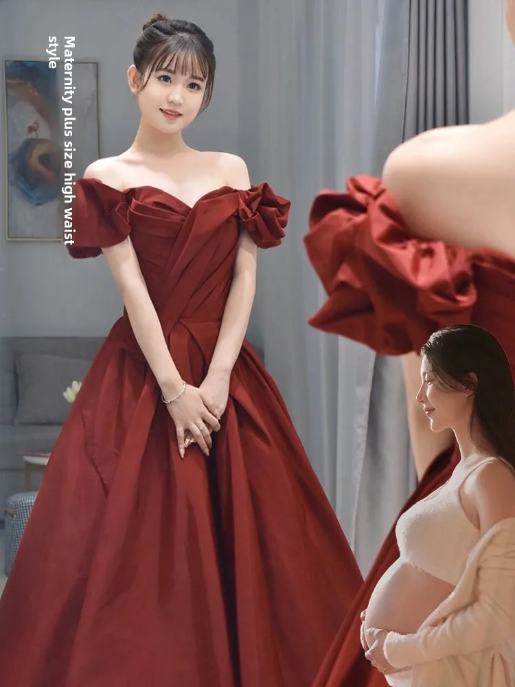 

Ele High Waist A-Line Long Dr for Pregnant Bridesmaid Wedding Dres Red Slimming Women's Autumn Winter Formal Gown
