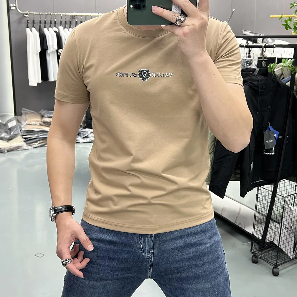 Men’s Luxury T-shirt Simple V Letter Tiger Design Male Tees Summer New Trendy Solid Color Tops Slim Fit  Plus Size Man Clothing