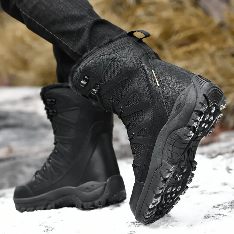 Men Women Large Size Military Combat Boots High‑Top Fleece Lined Thickened Hiking Snow Boots Outdoor Winter Shoes