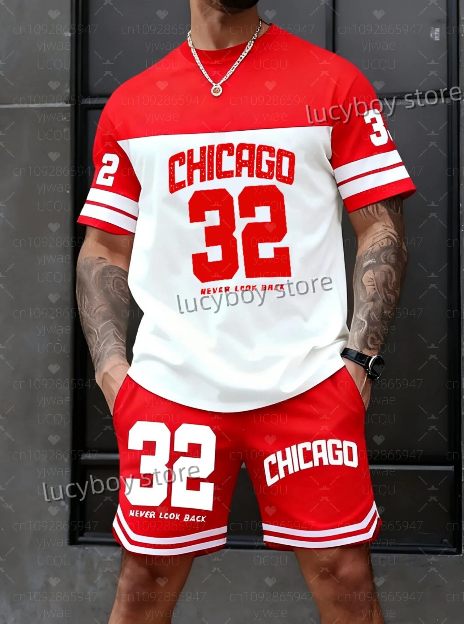 Summer Men number 32 Print Set Short Sleeve football t-shirt Shorts Set Adult  Jogging Plus Size Tracksuit 2 Piece Set