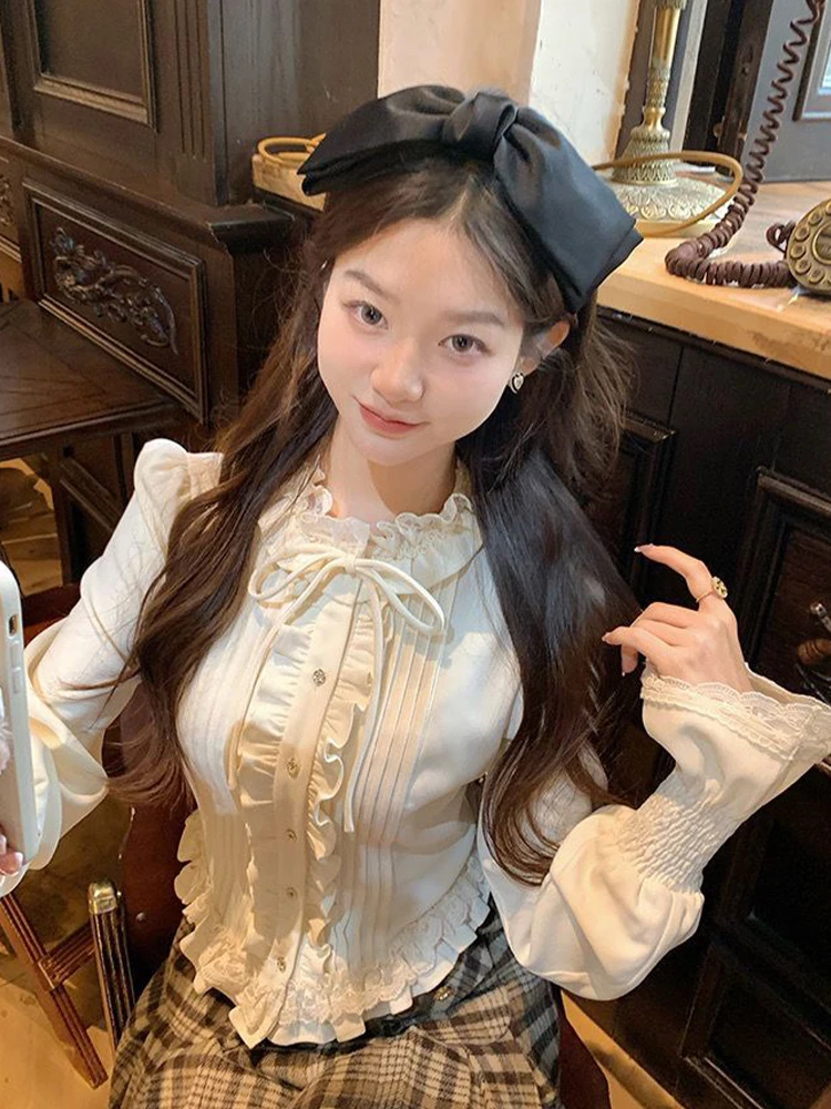 Chemisiers Lolita vintage pour femmes, chemises bandage à volants en dentelle douce japonaise, mode coréenne féminine, Fairycore, manches bouffantes minces, Y-