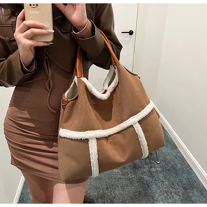 Fashion Trend Lamb Wool Patchwork Handbag For Women Autumn Winter New Large Capacity Versatile Suede One Shoulder Crossbody Bags