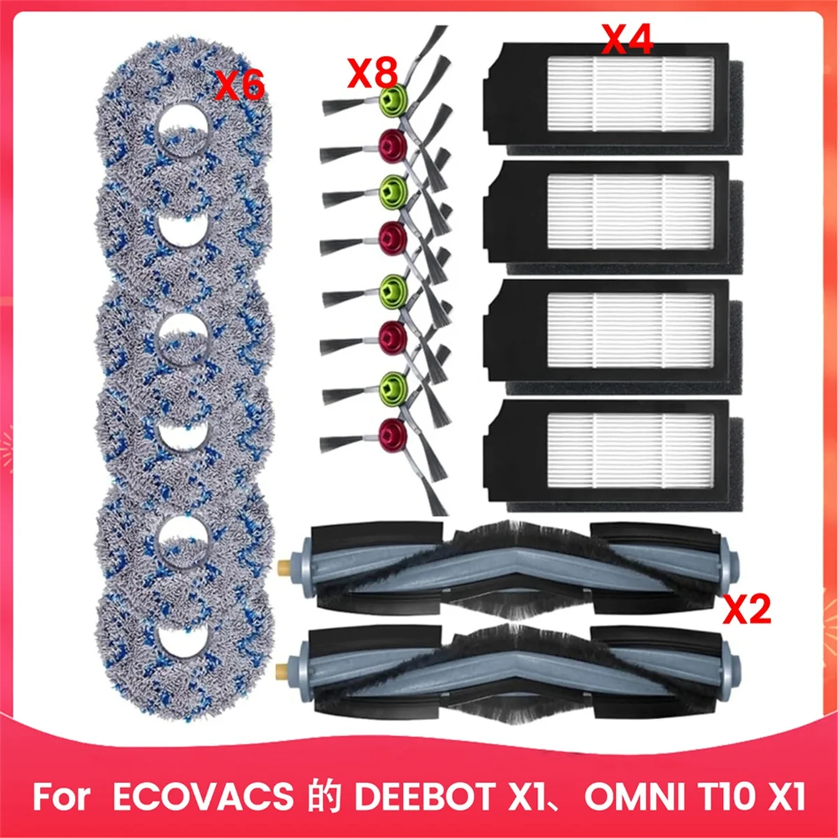 Almofadas de filtro de escova lateral principal se encaixam para ecovacs para deebot x1, omni t10 x1, kits de limpeza de substituição de vácuo turbo