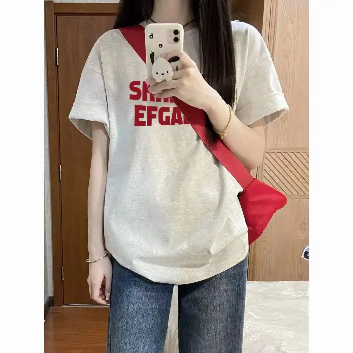 100% heavy cotton ins trendy brand letter print short sleeve T-shirt for female students loose and versatile foreign top