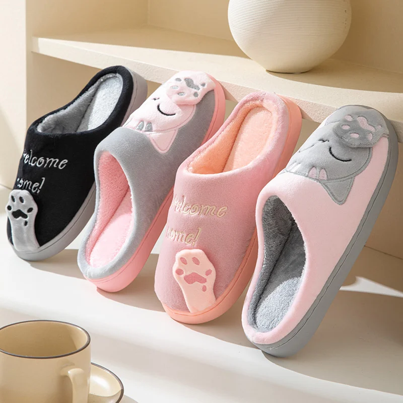 New Couple Winter Home Slippers Women Shoe Cute Cartoon Cat Slippers Men Warm Plush Slides Indoor Bedroom Non-Slip Floor Slipper