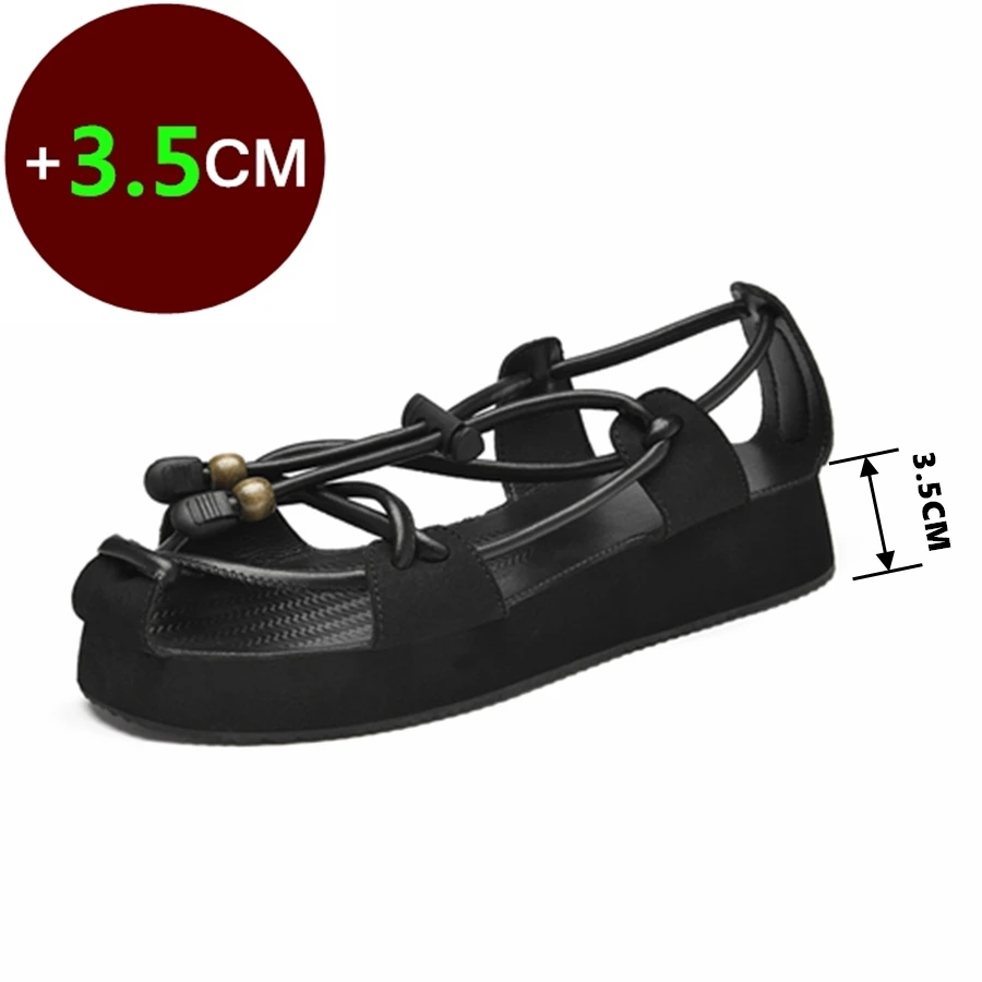 Black Sandals Men&Women Genuine Leather Thick Sole Summer Shoes Height Increase Casual Beach Flat Platform Sandals Unisex Shoes