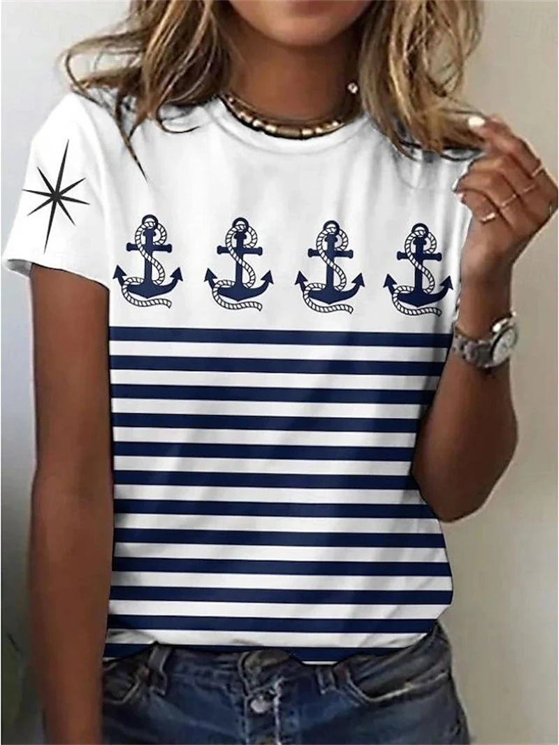 Boat AnchorGraphic T-shirt For Women 2025 New Design Short Sleeve Stripe T Shirts Summer Oversized Fashion Elegant  Kids Tees