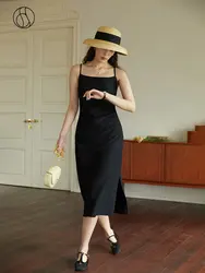 DUSHU, vestido largo negro para mujer, diseño con abertura, elegante vestido deslizante con cuello cuadrado, correa ajustable, vestido liso de primavera para mujer