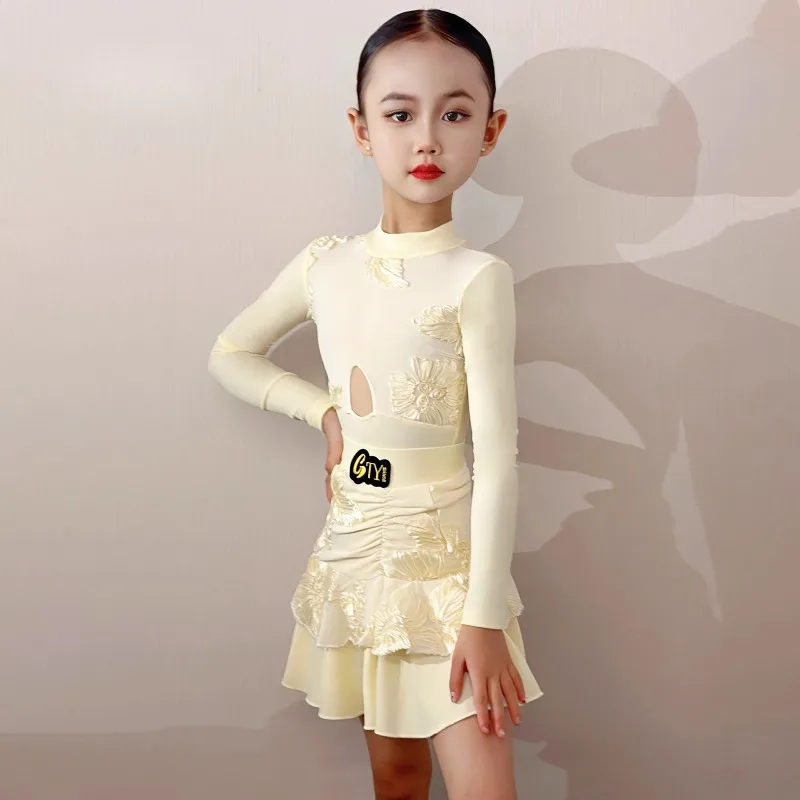 

New Latin dance dress for girls in autumn and winter long-sleeved printed Latin practice dress and performance dress set