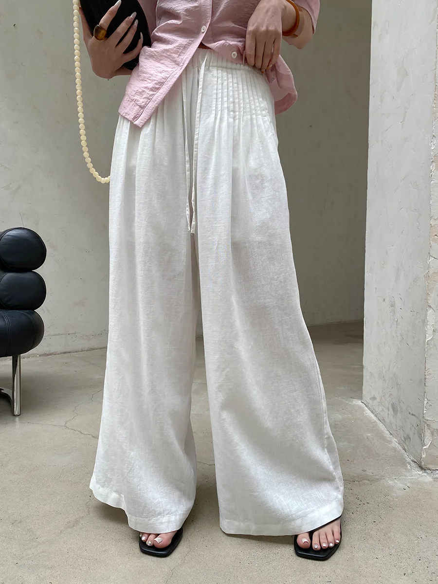 Summer women's solid color pleated high waist wide leg drape casual pants