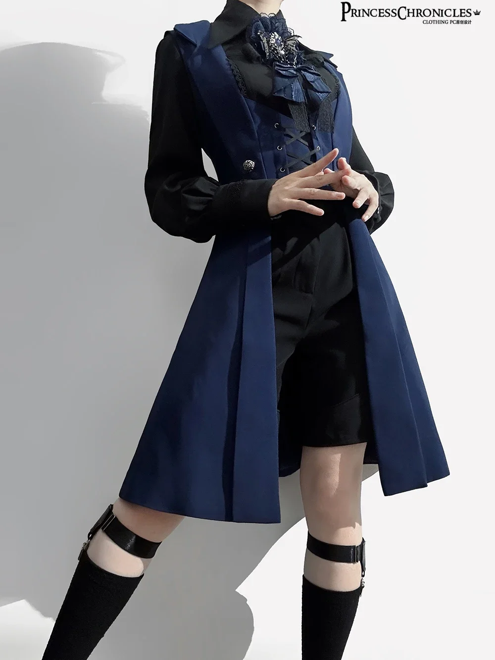 

2025 Ouji Lolita Dark Night Overture Retro Dark Middle Ages Handsome Blue Long Vest Slim Fit by Princess Chronicles