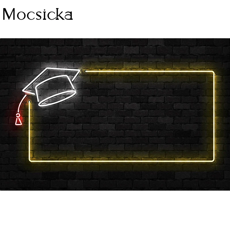 Glückwünsche Abschluss Hintergrund Fotografie Bachelor Hut schwarz Backstein mauer Neon Dekoration Kind Porträt Fotostudio