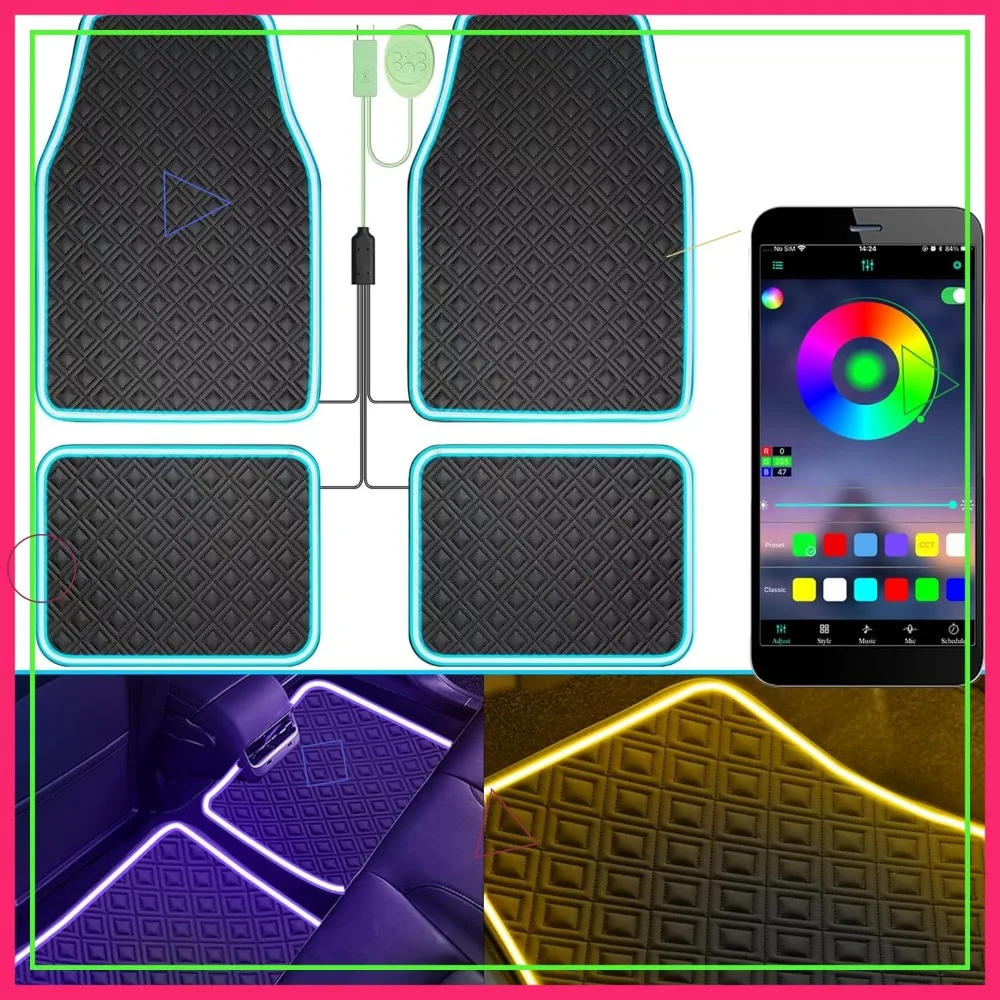 

Universal Car Floor Mats with LED Strip Light, App Control, Faux Leather Waterproof Anti-Slip for SUV