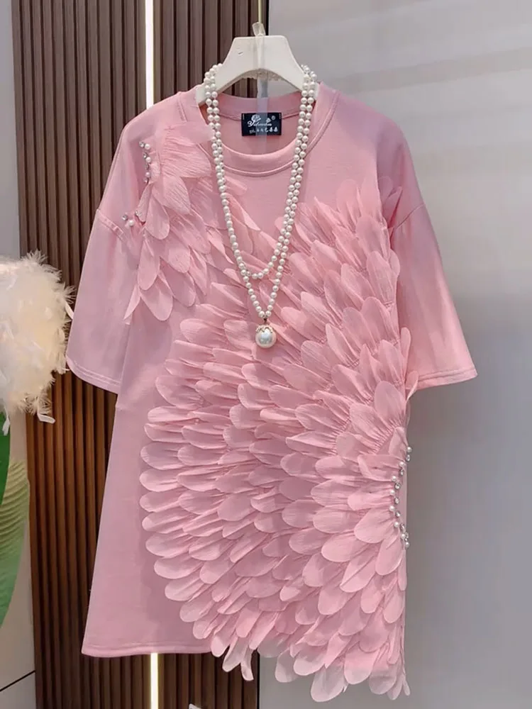 2025 summer new plus size women's clothing loose and slimming stylish and unique super good-looking short sleeved long top