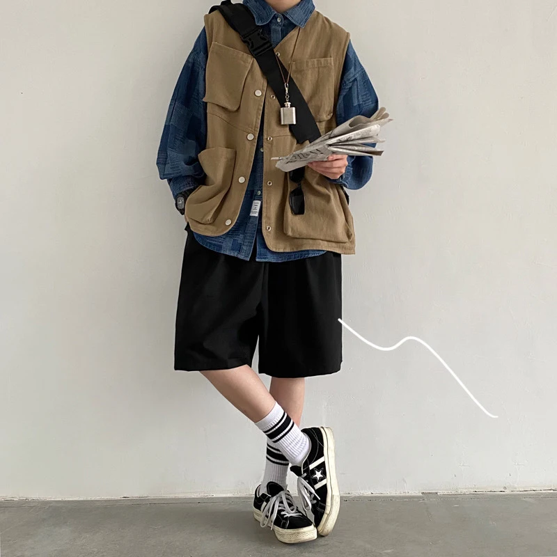

Retro Japanese Sle Workwear Vest Heavy Twill Fabric Multi ket ex Trendy oulder Pad Jaet Youth Casual Loose Fit