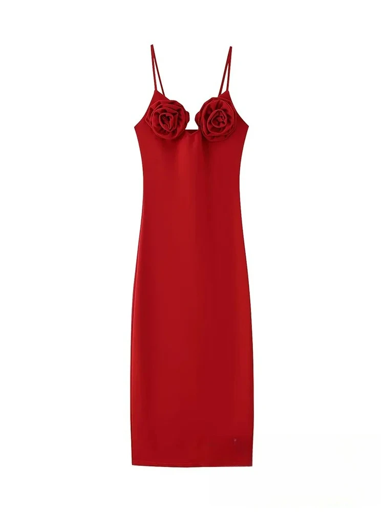KONDALA Sexy Club Women Dress Red Solid Cami Sleeveless Flower Zipper Slim Long Vestidos New Fashion 2025 Summer Sheath Dress