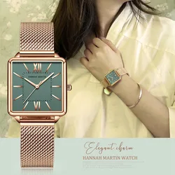 HANNAH MARTIN Watches for Women New Fashion Casual Japan Quartz Movement Green Dial Trend Steel Strap Women Watch Reloj Mujer