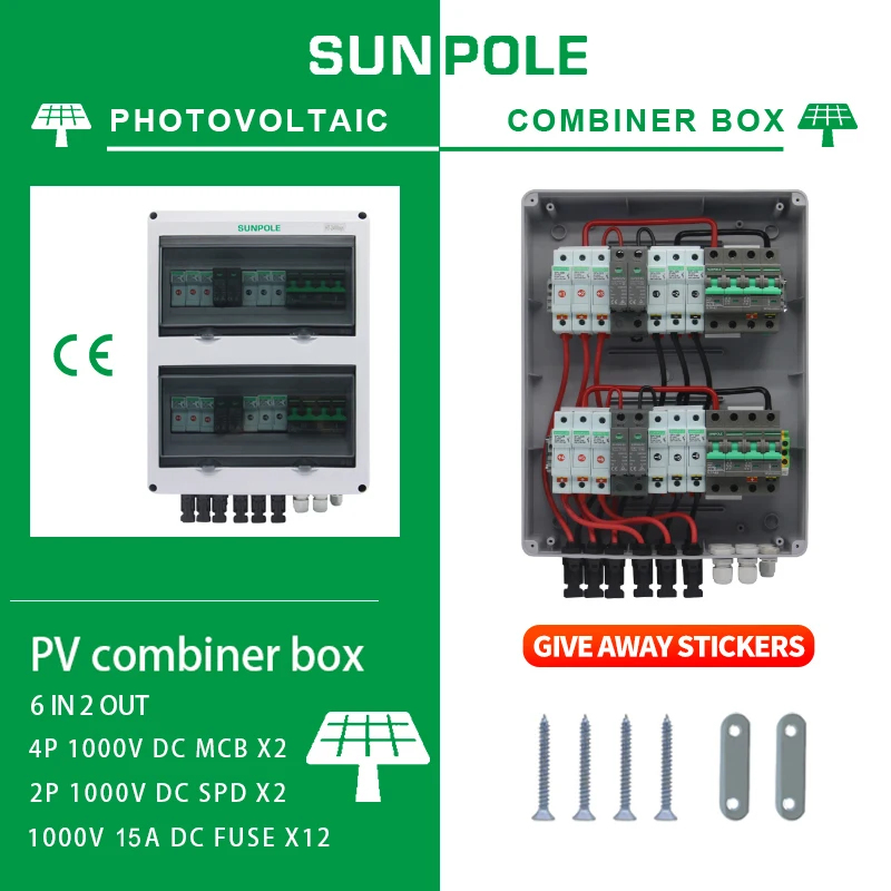 

6 input 2 out DC 1000V Solar photovoltaic PV Combiner Box With Lightning Protection Fuse MCB SPD Waterproof Box IP65 24ways