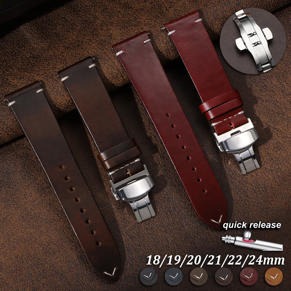 

Butterfly Buckle Men Women Vintage Soft Oil Wax Watch Band 18mm 19mm 20mm 21mm 22mm 24mm Cowhide Strap Quick Release Watchbands