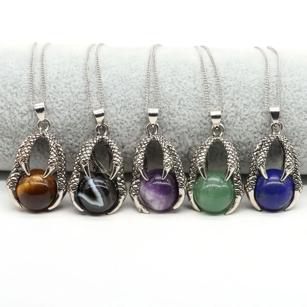 Natural Pink Quartz Amethyst Tiger Eye Round Bead Ball Dragon Claw Hold Pendants For Women Men Jewelry Necklace Gifts Wholesale