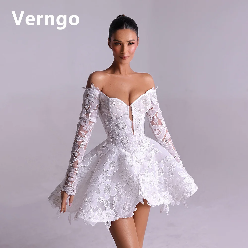 Verngo-Vestido corto de encaje para mujer, minivestido de fiesta de manga larga con escote Corazón, elegante, Formal, para fiesta de cumpleaños