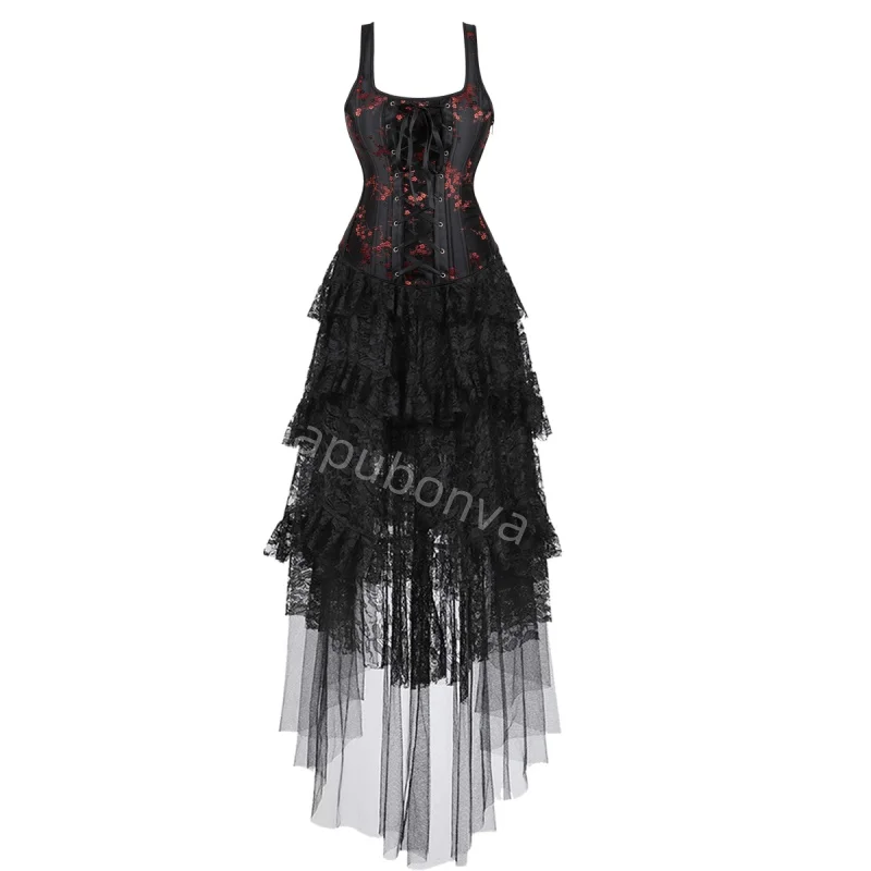 

Corset Dress Costume long skirt Set With flower Bustier Costume Party Sexy Burlesque Ladies Outfit Plus Size Gothic Halloween