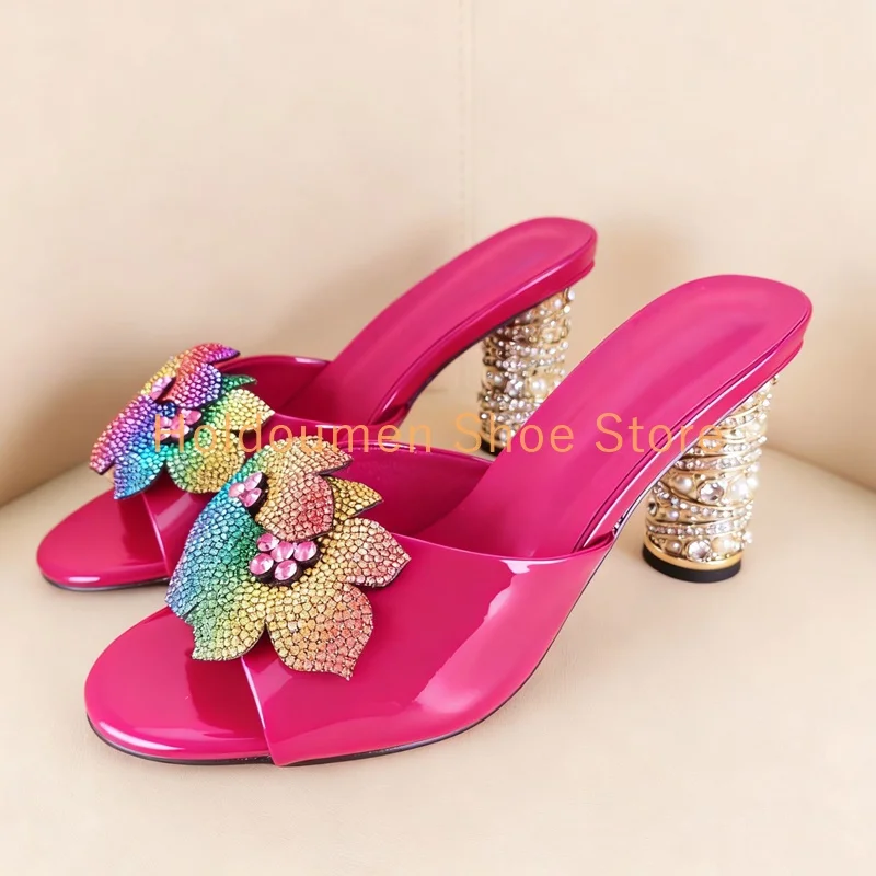 الملونة حجر الراين زهرة ديكور اللمحة تو الصيف شباشب على الموضة الفاخرة الماس رصع كعب مستدير الانزلاق على كسول البغل النعال #5