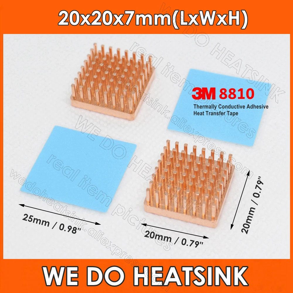 

Pure Square Copper 20x20x7mm Pin Fins Heatsink Radiator Cooler With 3M 8810 Thermally Conductive Adhesive Heat Transfer Tape