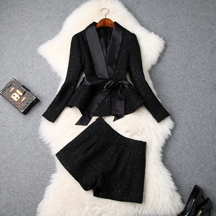 

European and American women's 2024 winter clothing new Long sleeve A bow tie coat Shorts fashion Tweed suit