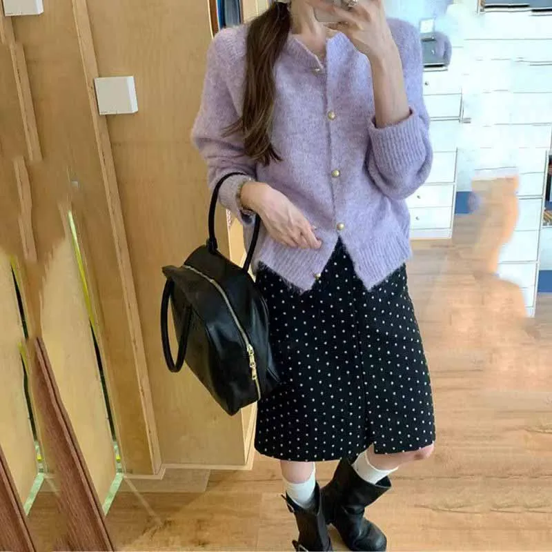 Autumn Winter Women's Knitted Jacket Solid Color Fuzzy Long Sleeve Button Sweater Cardigan Casual O-Neck Loose Soft Knitwear