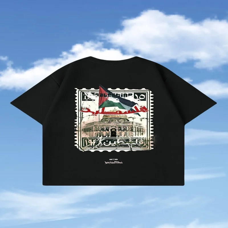 تي شيرت قطني مطبوع عليه علم فلسطين بأكمام قصيرة مريح وعالي الجودة من High Street Harajuku صيفي فضفاض بأكمام قصيرة